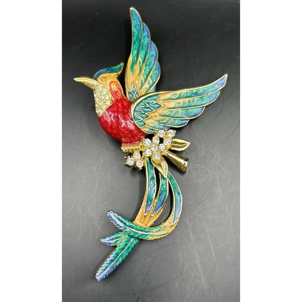 Vintage XLarge Enamel Exotic Bird Brooch Rhinestone Tropical Parrot Pin